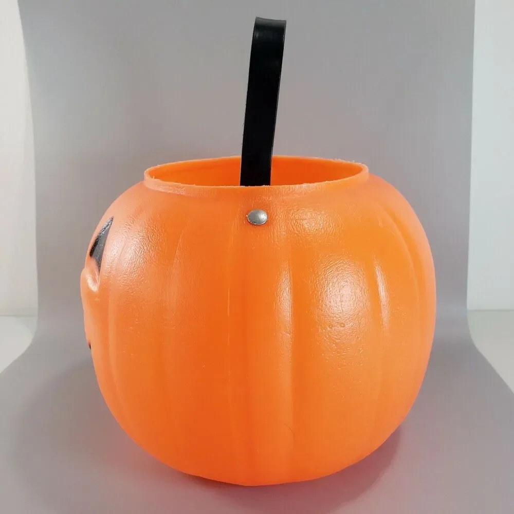 Pumpkin Pail Candy Carrier Orange Jack O Lantern Riveted Blow Mold Halloween